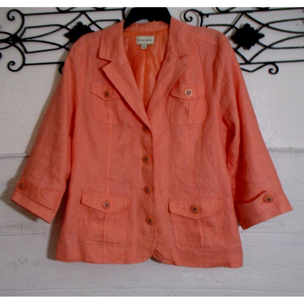 Studio Works Women's Linen Blazer Jacket Coral Pockets Long Sleeve Size L